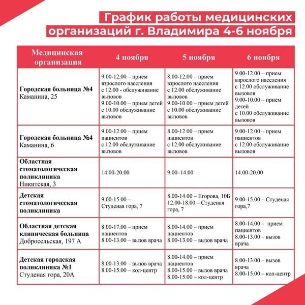 Во Владимире опубликовали график работы поликлиник в праздничные дни 